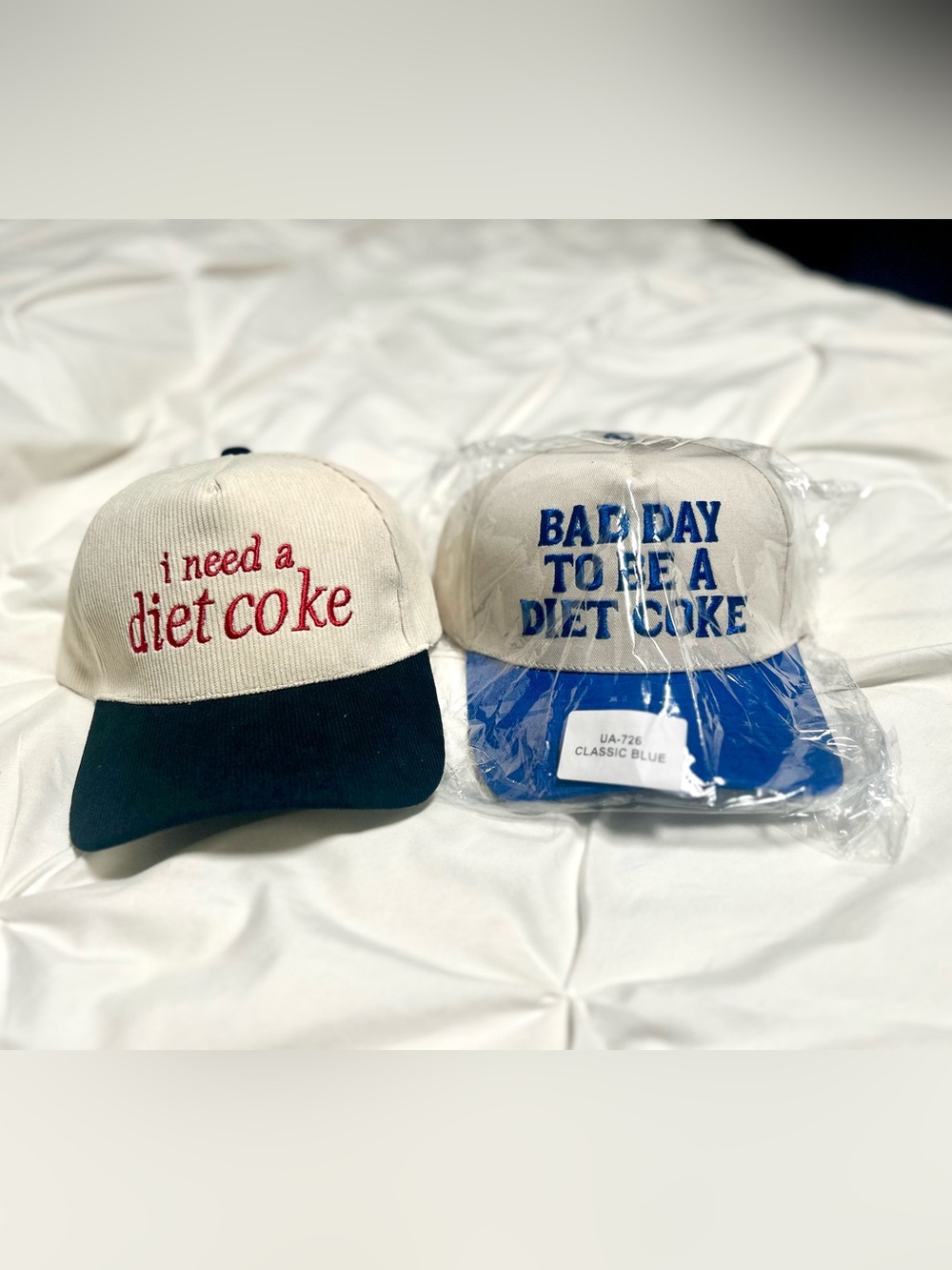 Zenana Diet Coke Embroidered Trucker Caps- Cream & Black, Cream & Blue